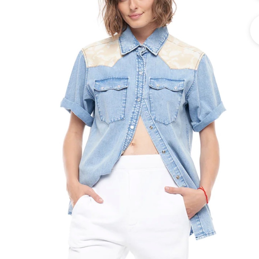 Free People x Sandrine Rose Blue and Cream Denim Shirt